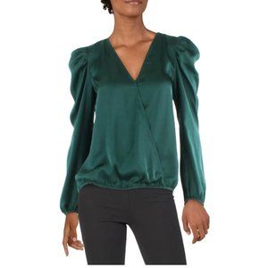 Sam & Jess Puff Shoulder Surplice Arresting Emerald Satin Wrap Top